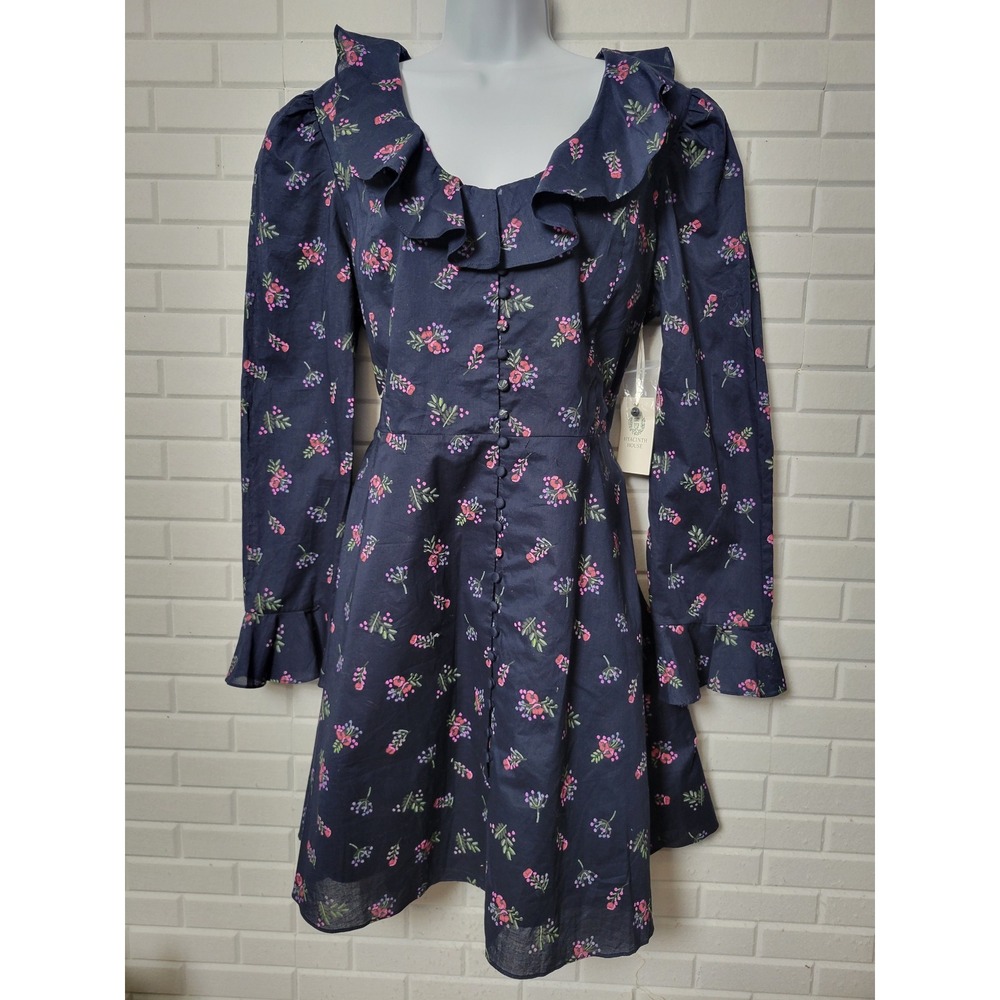 Hyacinth House Dress XXL Navy Blue Floral Cotton Ruffle Smocked Button Front